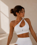 Brassière Sculpt blanche portée, logo Siren Flow noir